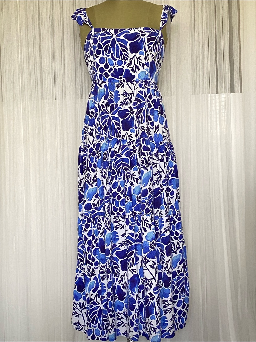 Kenny Flowers Blue Floral Maxi Tiered  Dress with Ruffle Straps Smocked Back XL